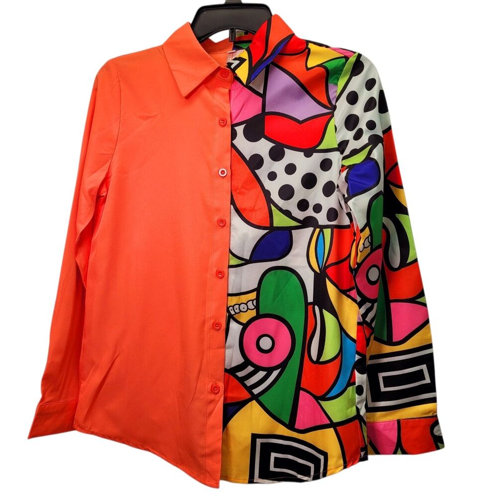 Women Floral Patchwork Print Shirt Long Sleeve Button Down Casual Blouse X-Small